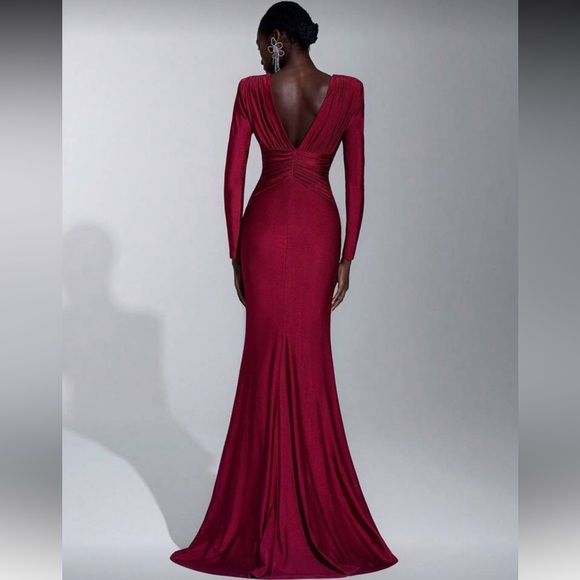 Elegant Burgundy Deep V Neck Long Sleeve StretchyDress